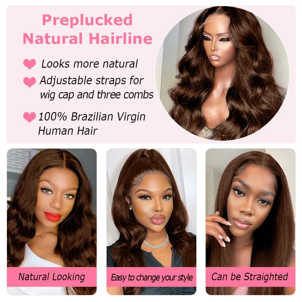 250 Density Brown colored 13x4/13x6 Lace Front Wig Human Hair Brazilian Pre Plucked Body Wave HD Lace Frontal Wig Remy Hair