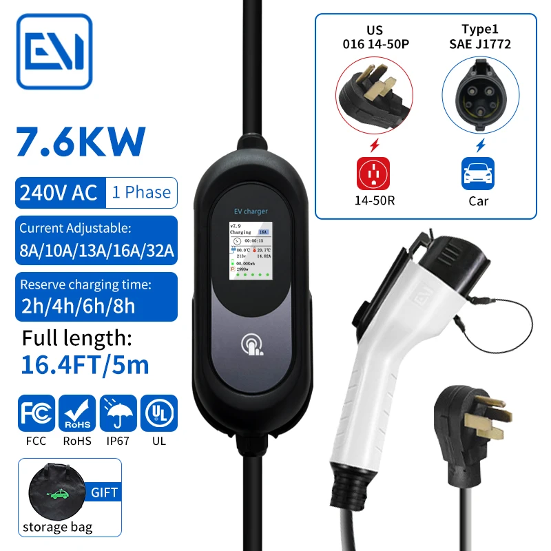 EV 충전기 타입 1, 32, 40, 48A, 240V, 7.6, 9.6, 11.5KW, 미국 플러그 고속 충전기, 디스플레이 포함 조절식 전류 벨트, 휴대용 월박스