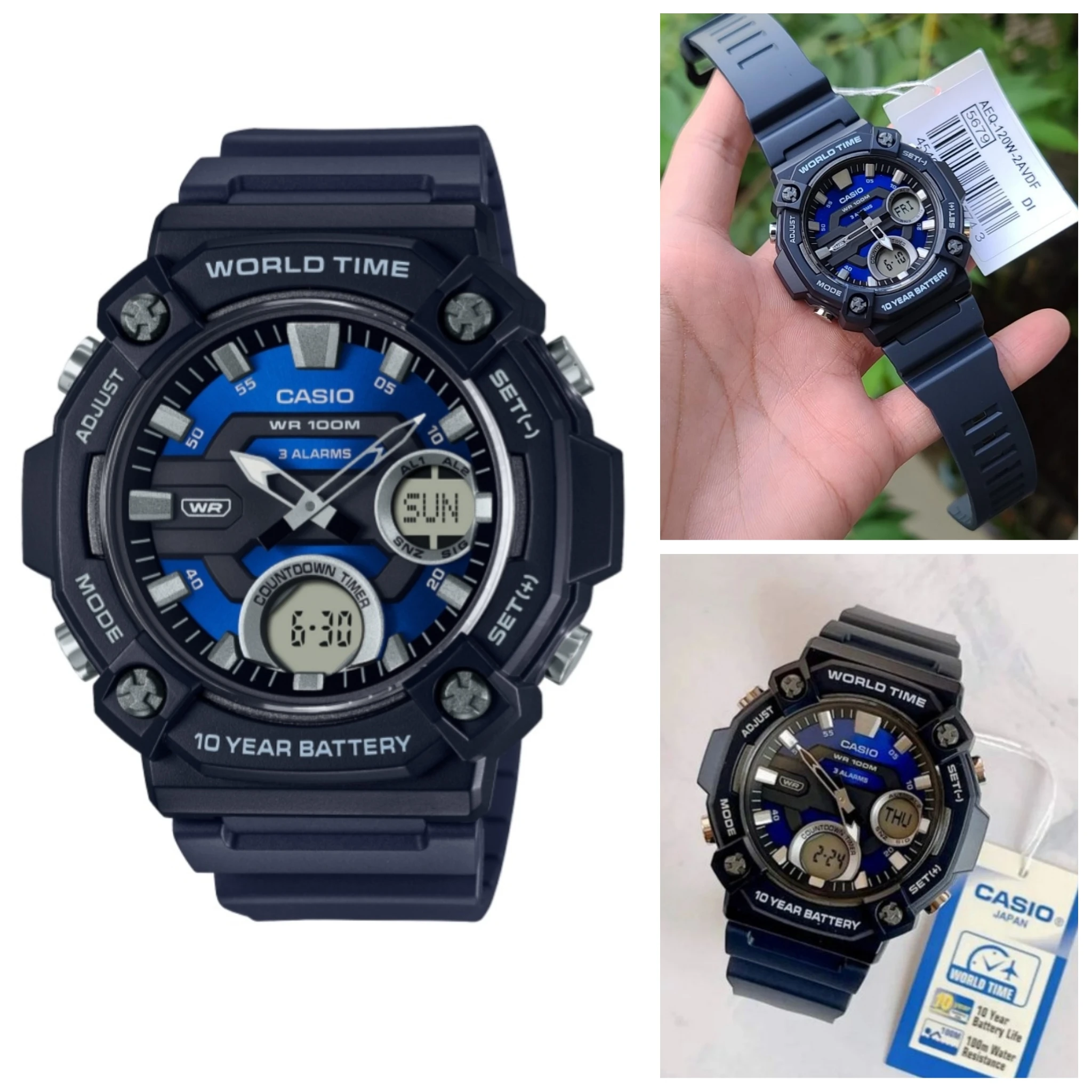 Orologio Sportivo Uomo Casio Aeq-120W-2A 100M Wr 10 Anni Tempo Batteria Mondo