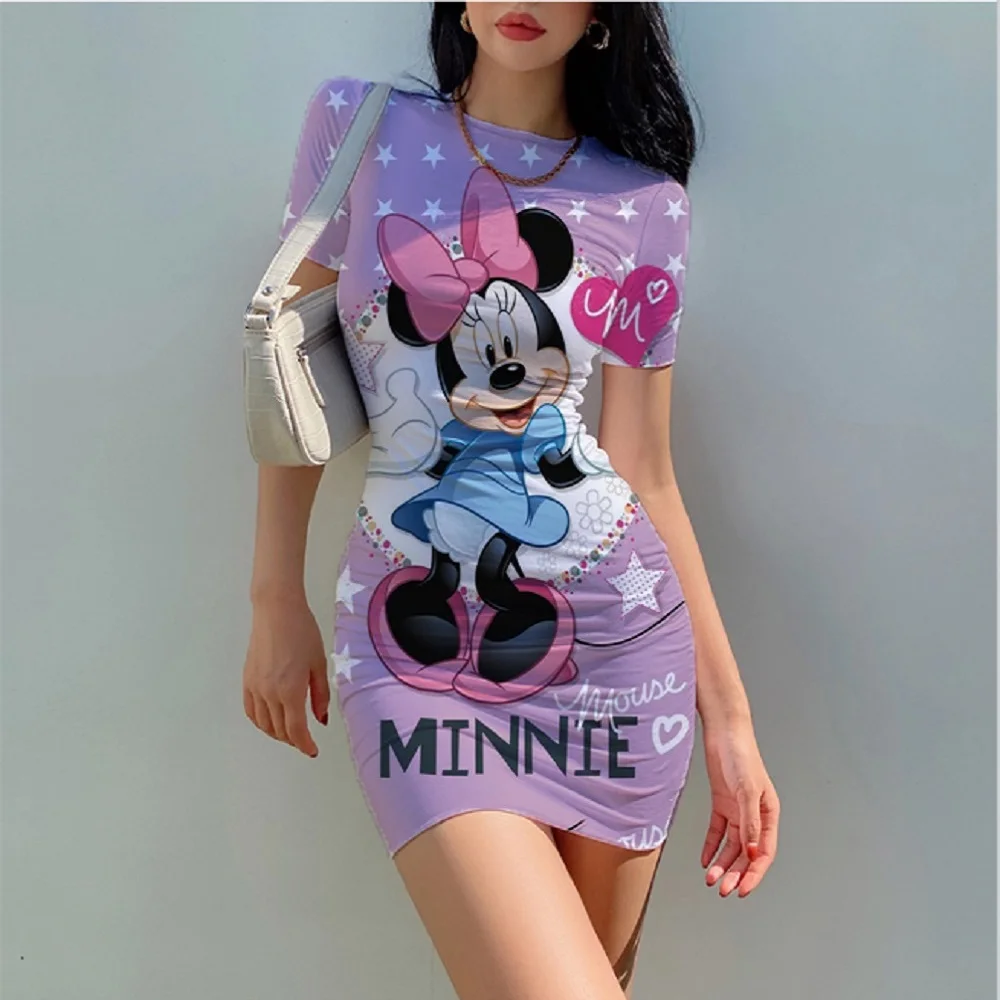 

2023 Summer Women's New Korean Temperament Disney Minnie Mickey Mouse Short-sleeved Waist Tight Sexy Hip Mini Dress