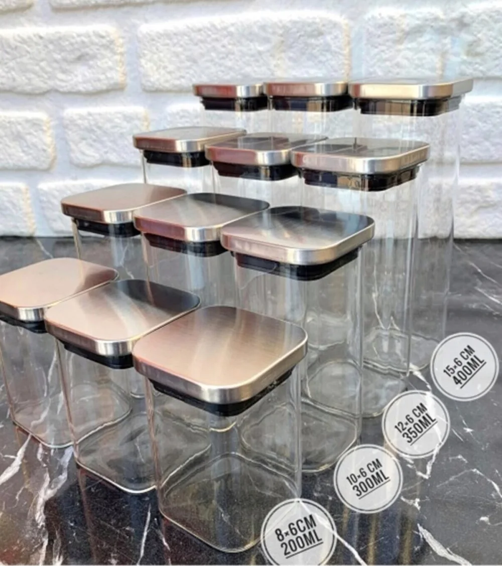 

Jars For Spices Salt Pepper Seasoning Organizer Condiment Square Glass Kitchen Gadget Tool Metal Lid Vacuum Airtight