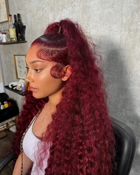 30 40 Inch Burgundy 99j Deep Wave Frontal Wig Colored Curly Human Hair Wigs 200 250 Density Hd Lace Frontal Human Hair Wigs 1