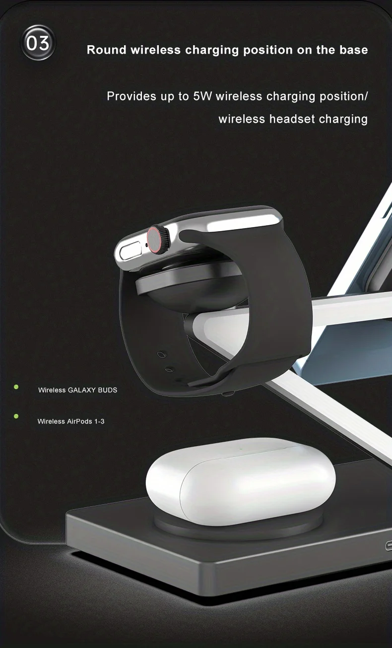 3-in-1 kabellose Ladegeräte für iPhone 15 14 13 12 für AirPods 2 3 Pro Apple Watch Ladestation zum Aufladen von Galaxy Watch – Detail 2