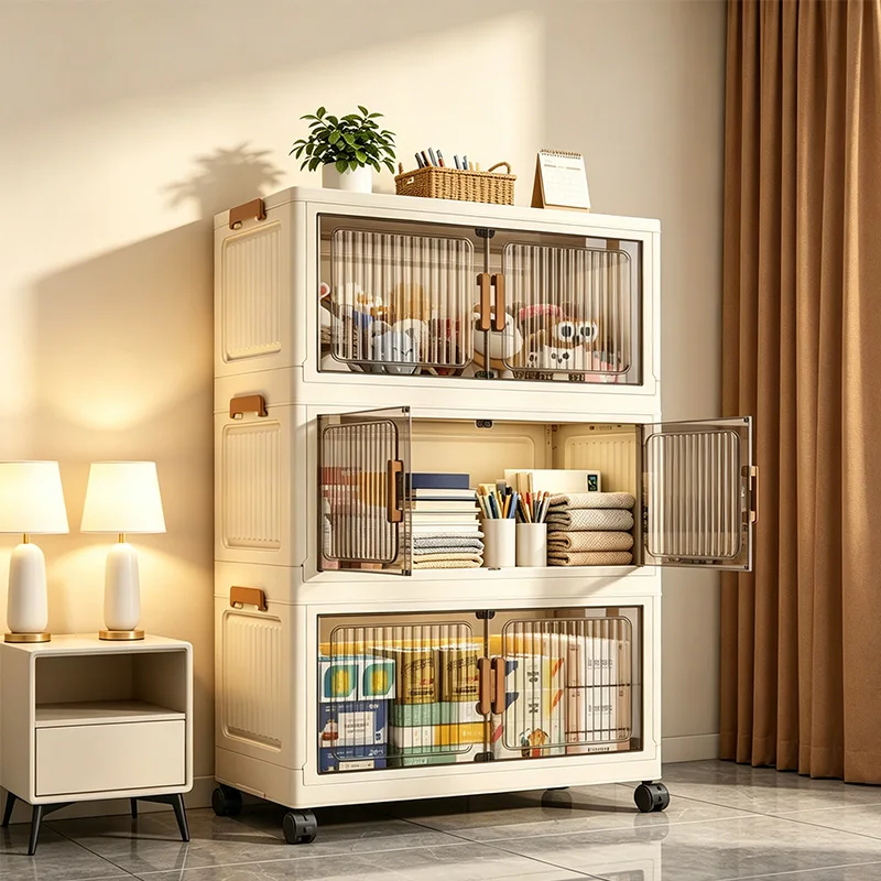 19.7in 3/4/5/6-Tier Foldable Storage Cabinet with Wheels, Stackable Plastic Storage Organizer with Magnetic Doors, Collapsible Storage Shelf for Bedroom, Living Room, Kitchen, Pantry, No Assembly Required, Beige