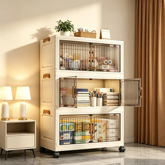 19.7in 3/4/5/6-Tier Foldable Storage Cabinet with Wheels, Stackable Plastic Storage Organizer with Magnetic Doors, Collapsible Storage Shelf for Bedroom, Living Room, Kitchen, Pantry, No Assembly Required, Beige