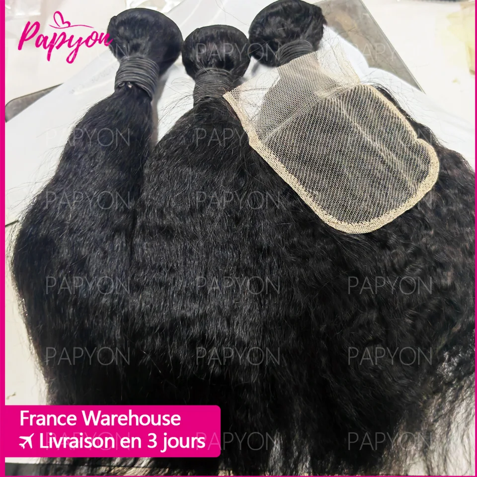 PAPYON Kinky Straight Mèches Avec Closures Deep Wave Tissage Avec 4x4 Closure Tissage Cheveux Humains Yaki Straight Bundles With Closure Livraison 3 Jours France 1