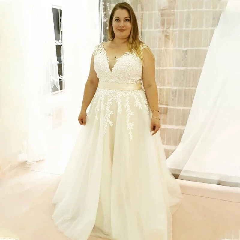 

Plus Size Vestido De Novia 2023 Boda Elegante Sexy V Neck Tulle Applique Beach Bride Gown Champagne Cheap Dresses With Free Ship