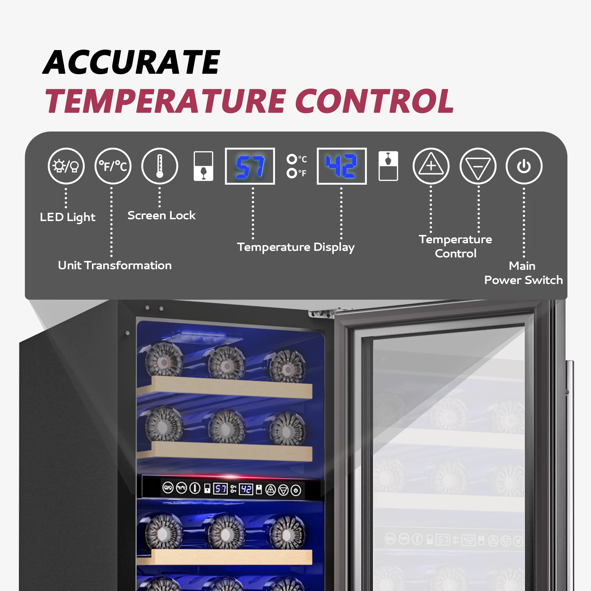 ICYGLEE 15 Inch Wine Cooler Dual Zone Wine Fridge with Digital Temperature Control with Double Layer Glass Door 33 Bottles 3