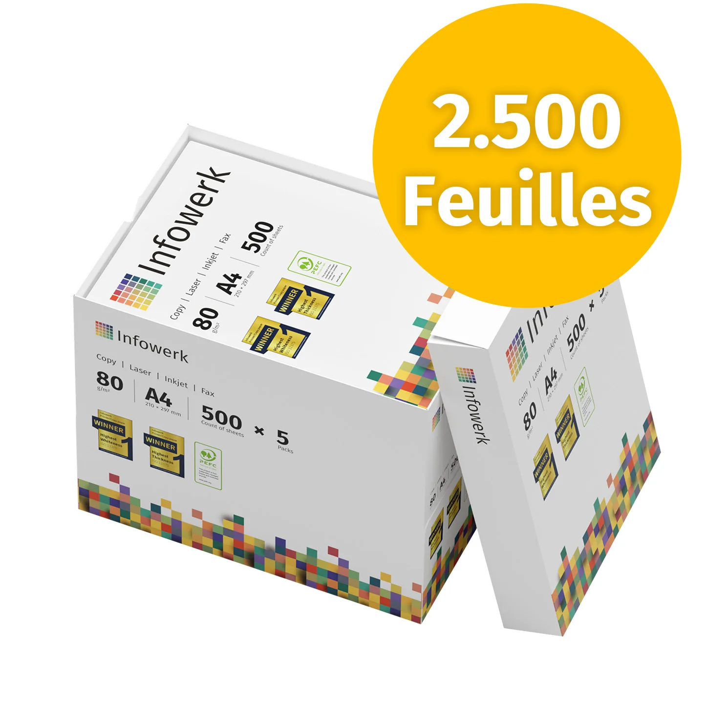 Infowerk Papier A4 pour Imprimante 2500 Feuilles (5 x 500) – Papier Blanc Premium 80 g/m² Certifié PEFC