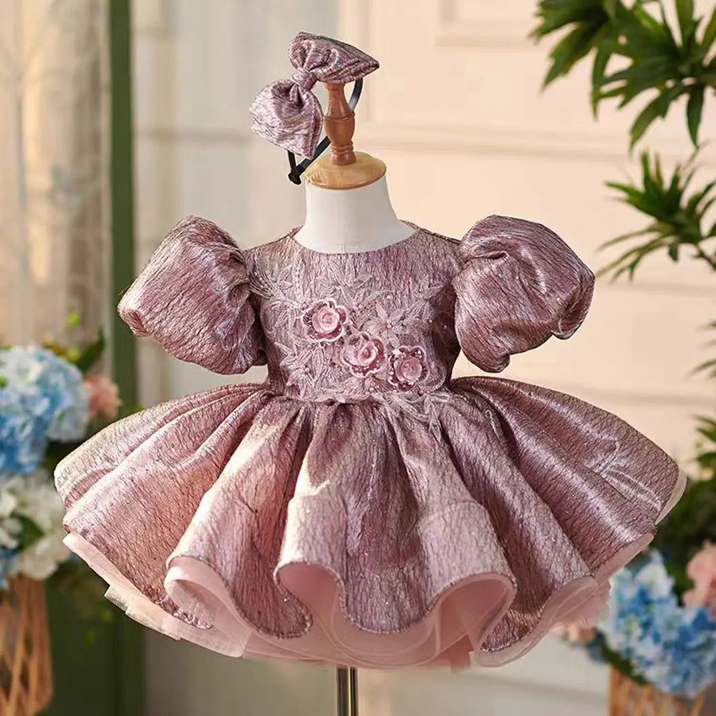 Dreamy Vow J312 Elegant Pink Girl Dress Puff Sleeved Satin Embroidered for Kids Party Spring Summer Knee Length Ball Gown