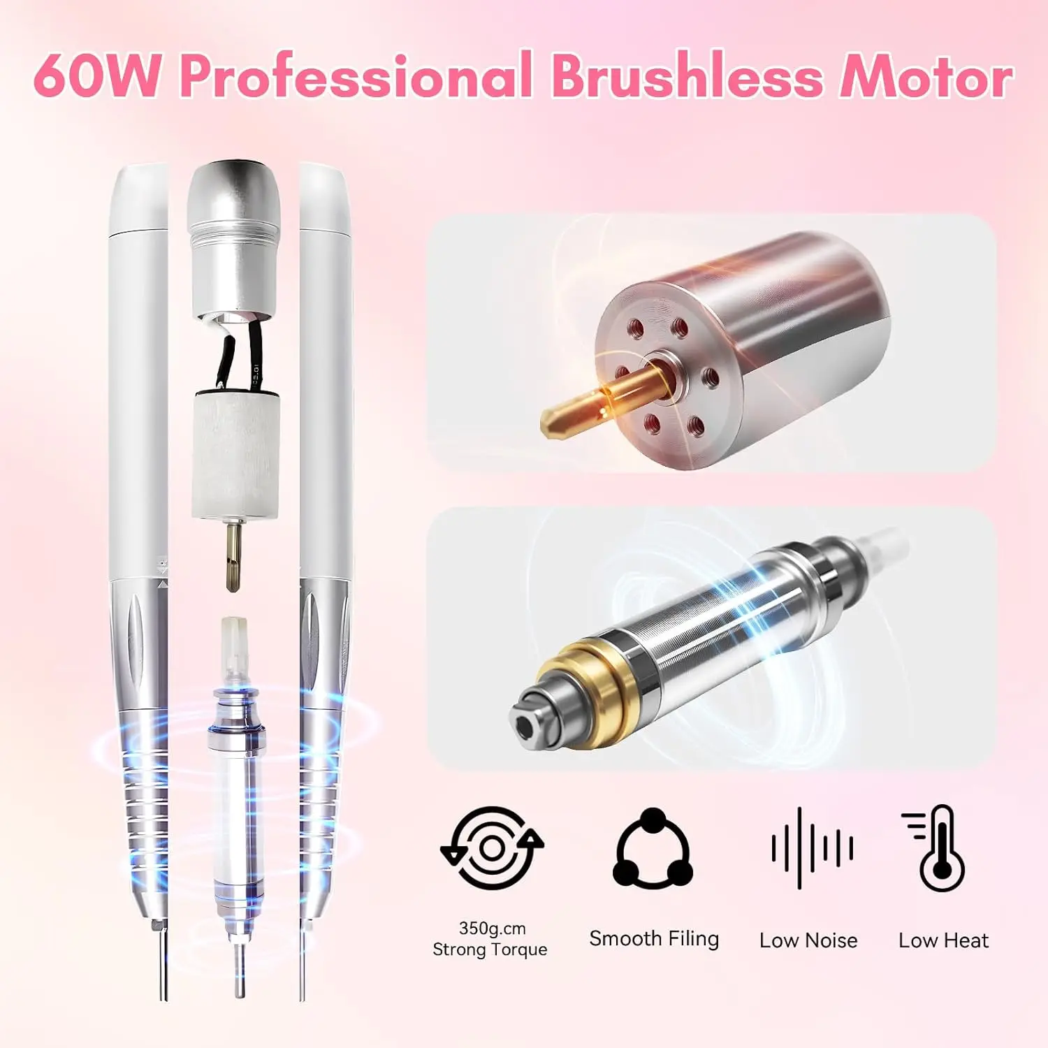 전문 네일 드릴, Nouvella 35000RPM 전기 네일 파일러 기계(코어리스 모터 포함) 네일 젤용 충전식 Efile