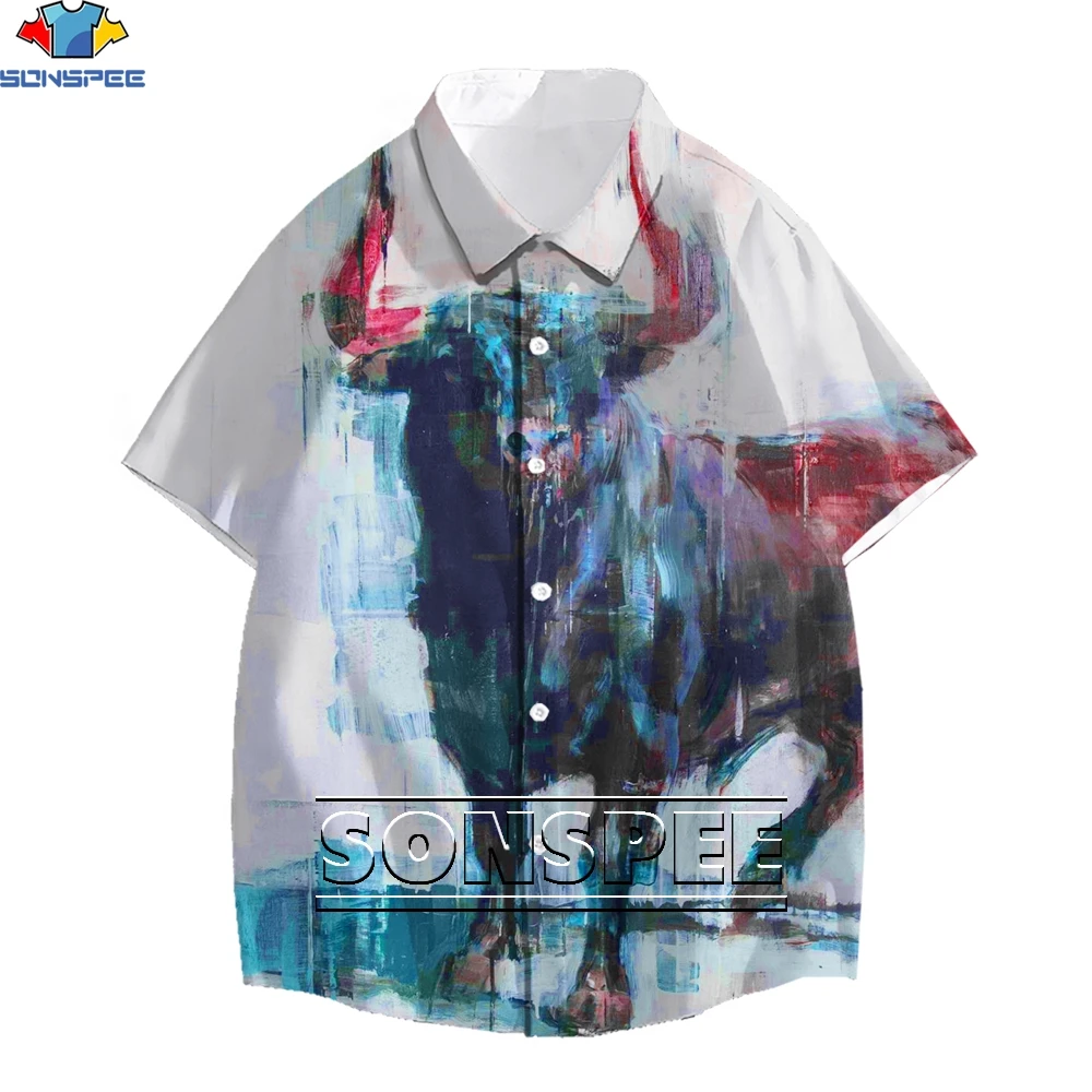 

SONSPEE 3D Wild Print Bull Spanish Animal Anime Shirt Summer Men's Lapel Fashion Trend Oversized Loose Vacation Men's Clothing