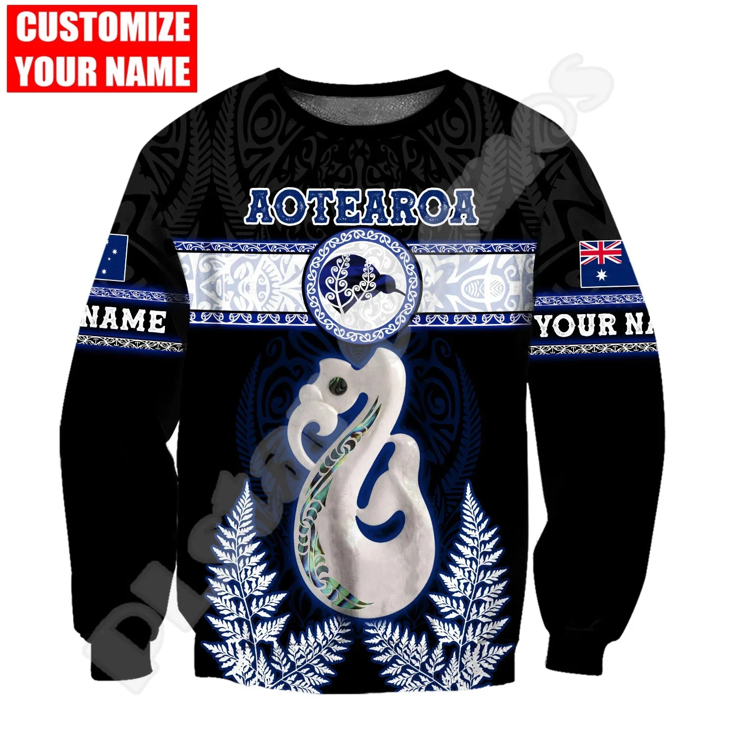 Custom Name Country Flag New Zealand Aotearoa Maori Tattoo Retro Long Sleeves 3DPrint Pullover Harajuku Casual Jacket Hoodies XQ