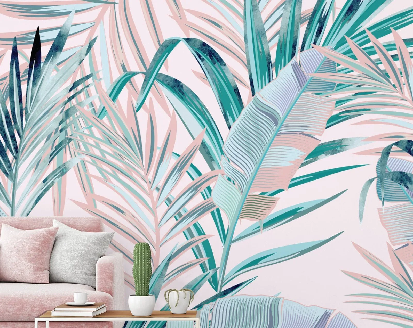 Moda Padrão Floral com Palmeira Tropical Folhas Wallpaper Mural de Parede Folhas Tropicais Rosa Macio