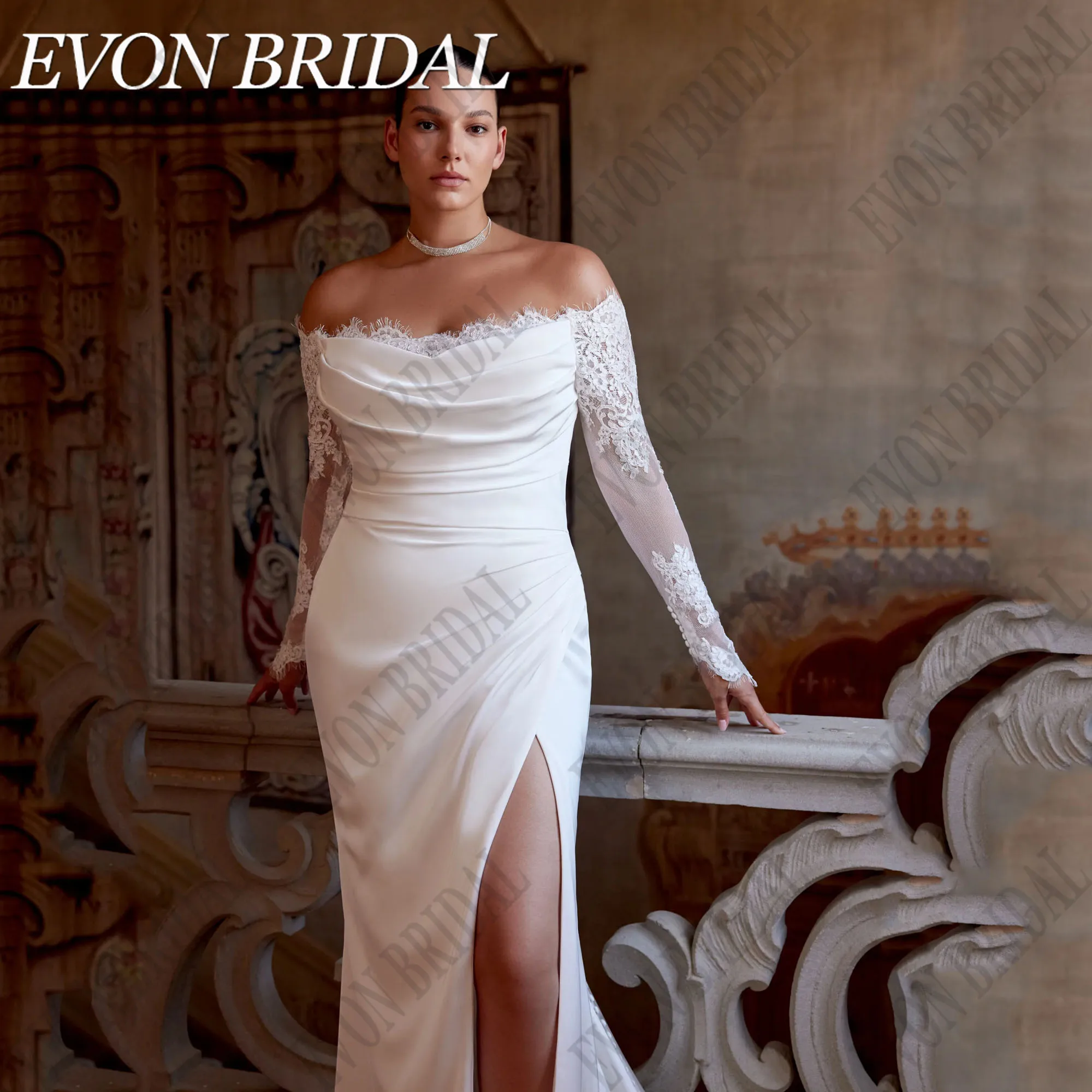 EVON BRIDAL 맞춤형 레이스 긴팔 스트랩리스 웨딩 원피스 플러스 사이즈, 인어 새틴, 모던 스플릿 신부 가운EVON BRIDAL 맞춤 레이스 긴소매 민소매 끈 커트 사이즈 여성용 인어단면 현대분체식 신