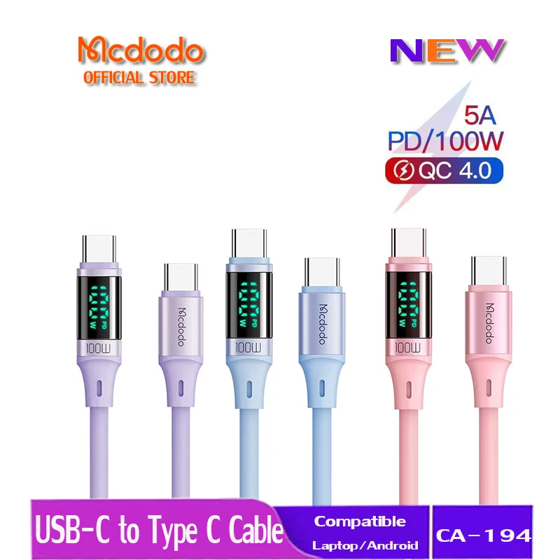 

Mcdodo 100W Type C to Type C Digital display silicone cable Support QC4.0 3.0 Fast Charging Cable CA-194