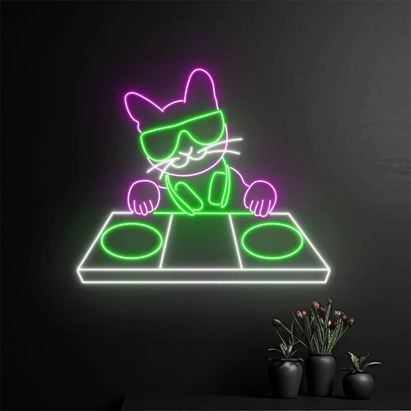 Cat DJ Neon Sign, DJ Cat Led Sign, Cat Playing Music Neon Light,Nursery Room Wall Art Decor, Special Gift, Animal Neon Light