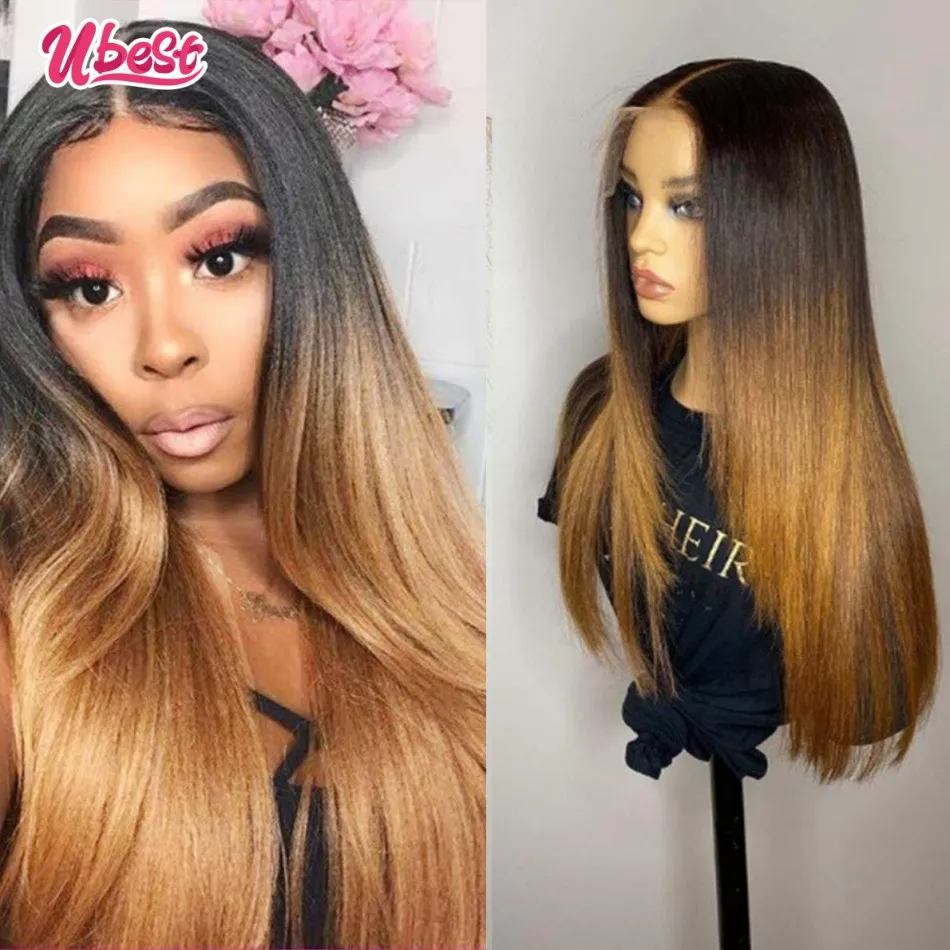 HD Ombre 1b30 Colored Human Hair Wigs Top Hairline Bone Straight 13x4