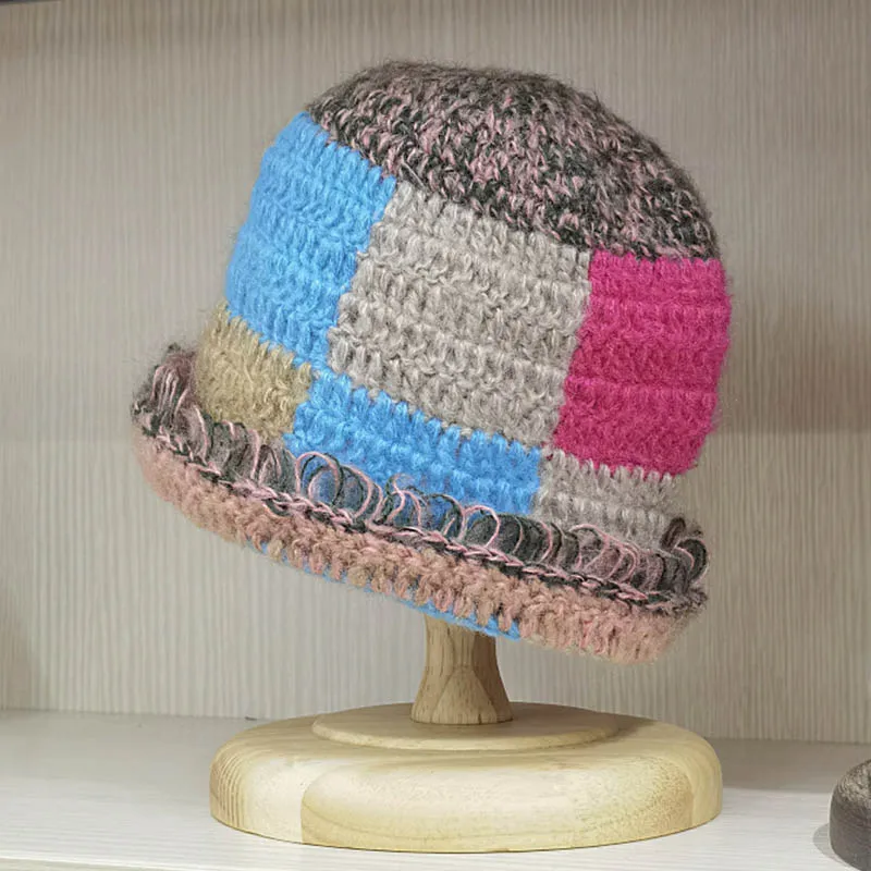 

New Crochet Winter Hats Colorfully Square Knitted Beanie Hat Warm Winter Cap Patchwork Fringed Trimmed Bucket hat