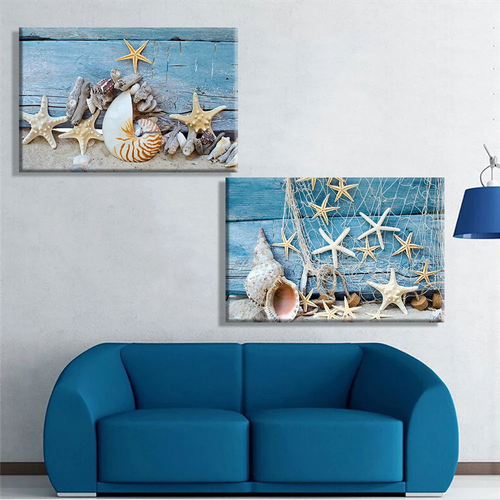 Set De 6 Impressions Artistiques Motifs Coquillages Bleus - Décoration Murale Côtière Sans Cadre, Style Réaliste, Neuf