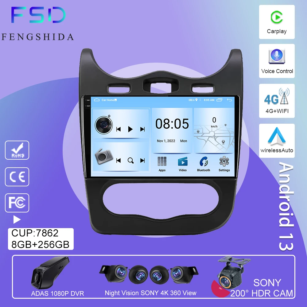 

Автомагнитола для Renault Sandero Stepway GT 2013-2014, Android 13, мультимедийный проигрыватель, без DVD, стерео, головное устройство для CarPlay, 5G, Wi-Fi, BT