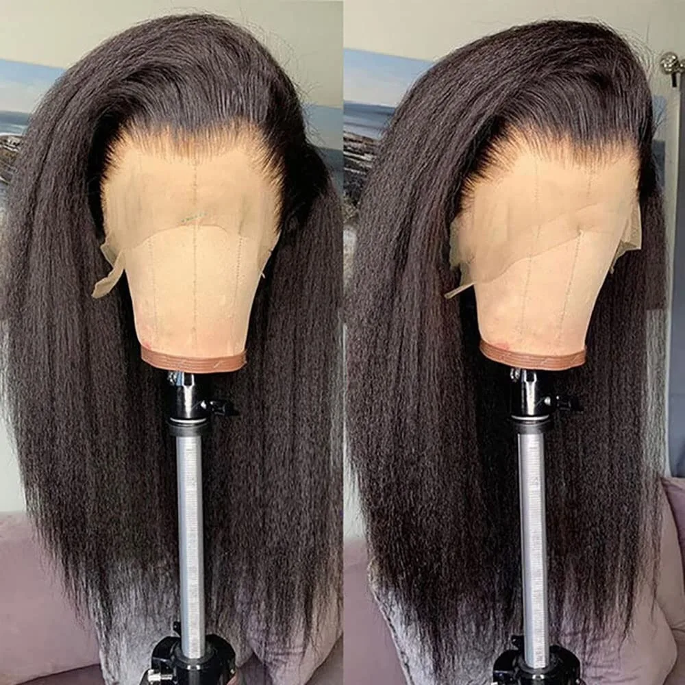 Kinky Straight Yaki Lace Front Human Hair Wig Skinlike Texture 13x4 HD Transparent Lace Pre Plucked Natural Hairline 250 Density 1