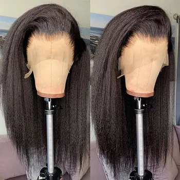 Kinky Straight Yaki Lace Front Human Hair Wig Skinlike Texture 13x4 HD Transparent Lace Pre Plucked Natural Hairline 250 Density 1