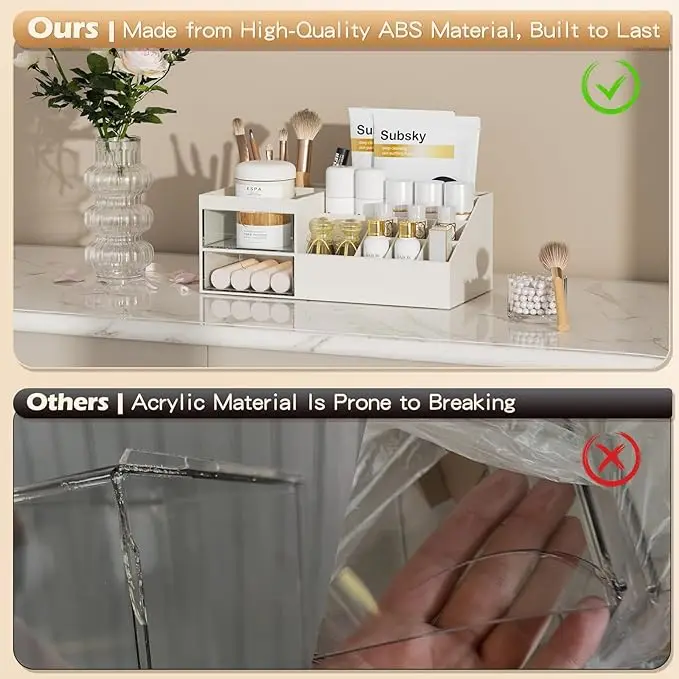 Multi-drawer makeup organizer. White plastic design for brushes and cosmetics. Fits countertops or vanities. 3