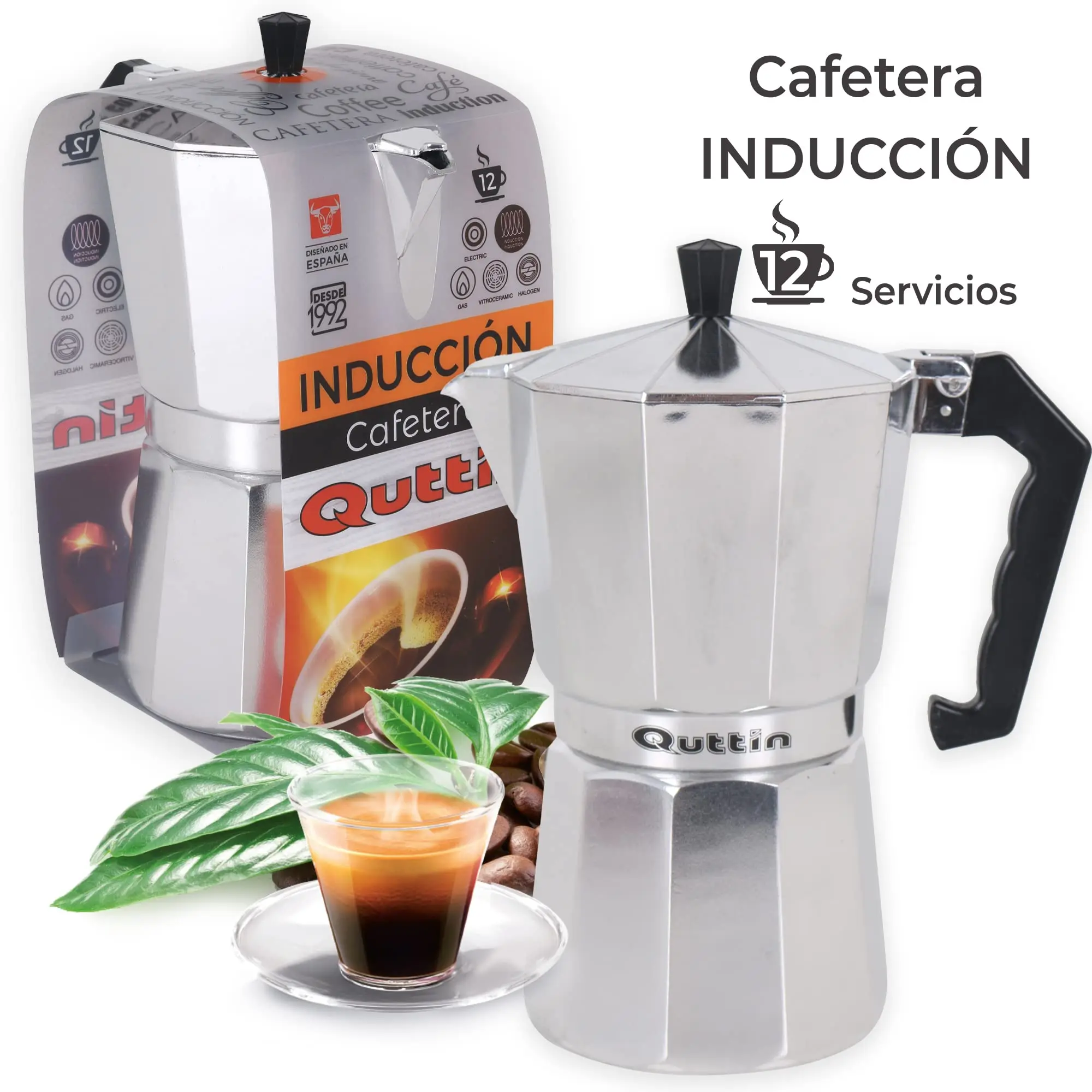 Cafetera italiana de aluminio, Capacidad: 9 tazas, Asa silicona, Inducción,  asa silicona. 24 x 16 x 12 cm