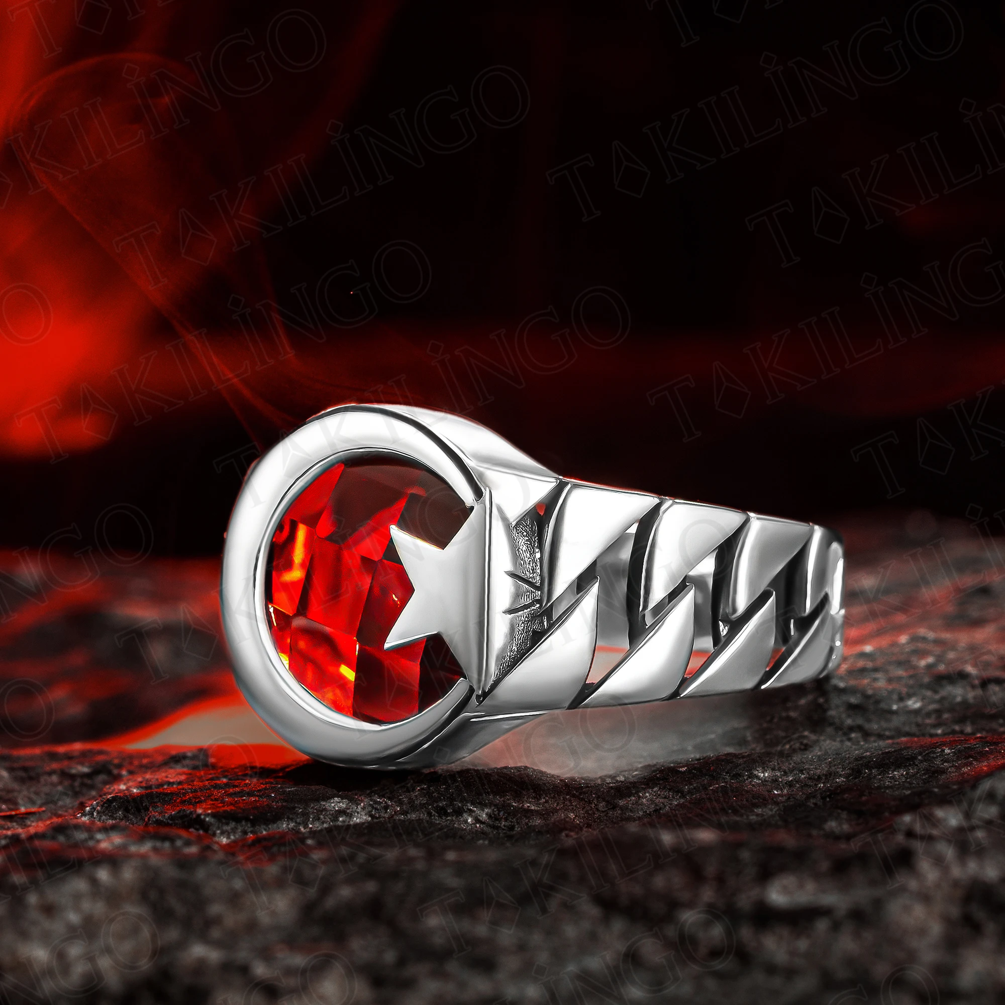 

Crescent Moon Ring Men, 925 Sterling Silver Ring With Red Zircon Stone For Men, Moon Ring Men, Turkish Ring, Star Crescent Ring