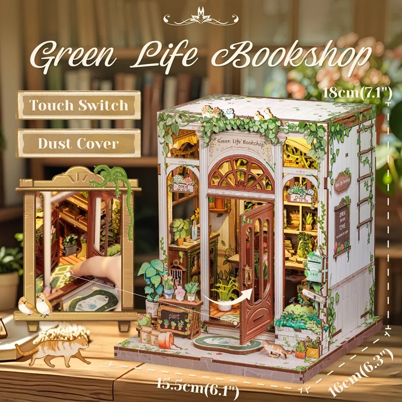 CUTEBEE Book Nook Kit DIY Miniature House Decoration Wooden Book Shelf Insert Model with Light 3D Puzzle For Green Life Store