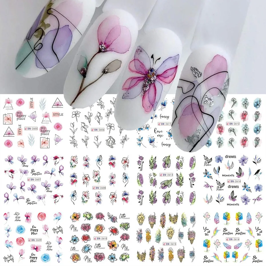 12 pcs Nail Sticker Set Summer Water Decal Nail Art Ink Flowers Leaves Graffiti Slider for Nail Decoration Foils Tattoo 1