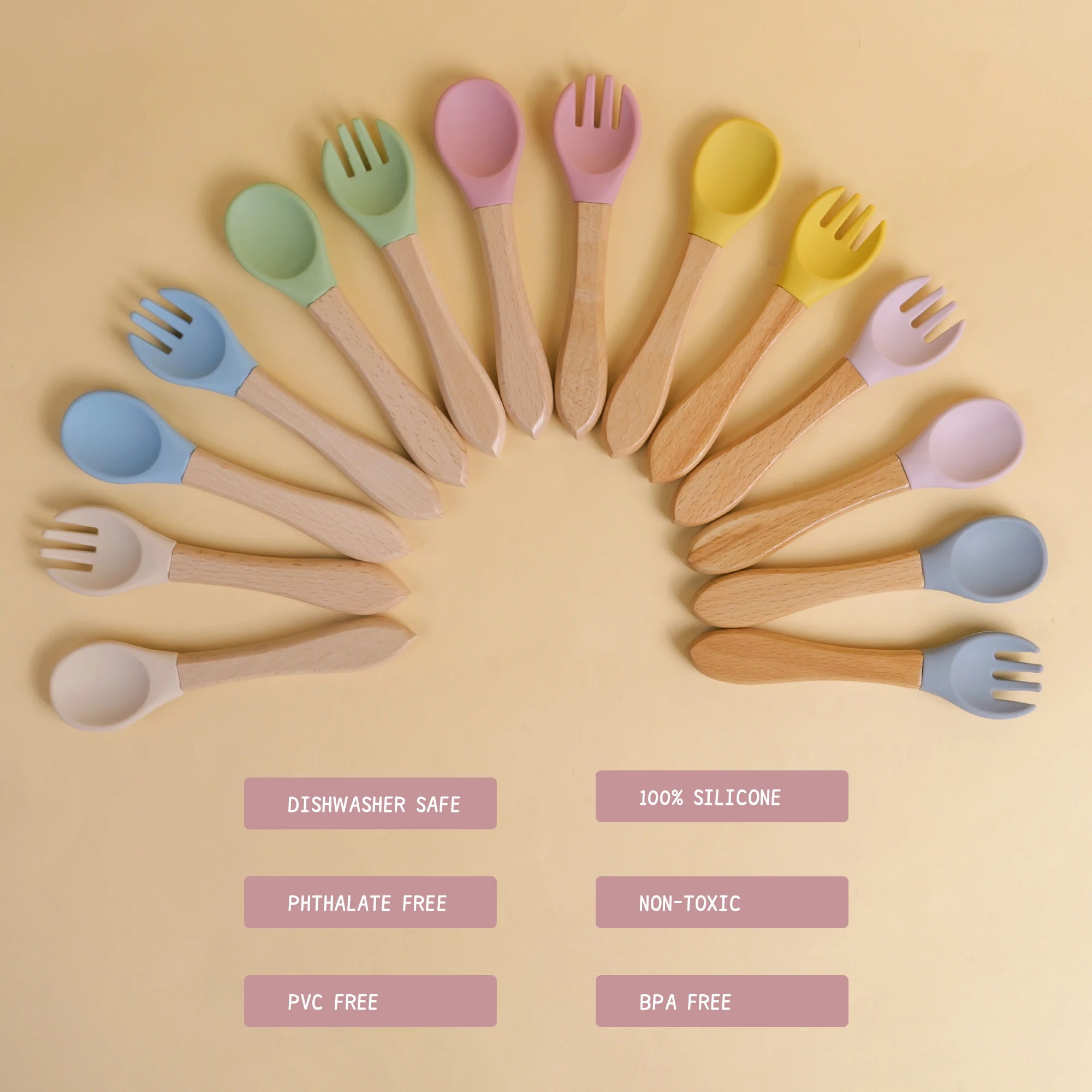 Baby Silicone Fork Spoon Set Wooden Handle Feeding Set 1Set