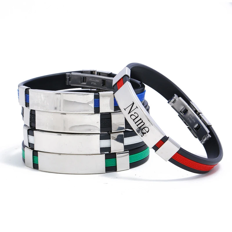 

Fashion engrave logo custom name bracelet Smooth Silicone 316L Stainless Steel bracelets for men ID Bar personality Jewelry