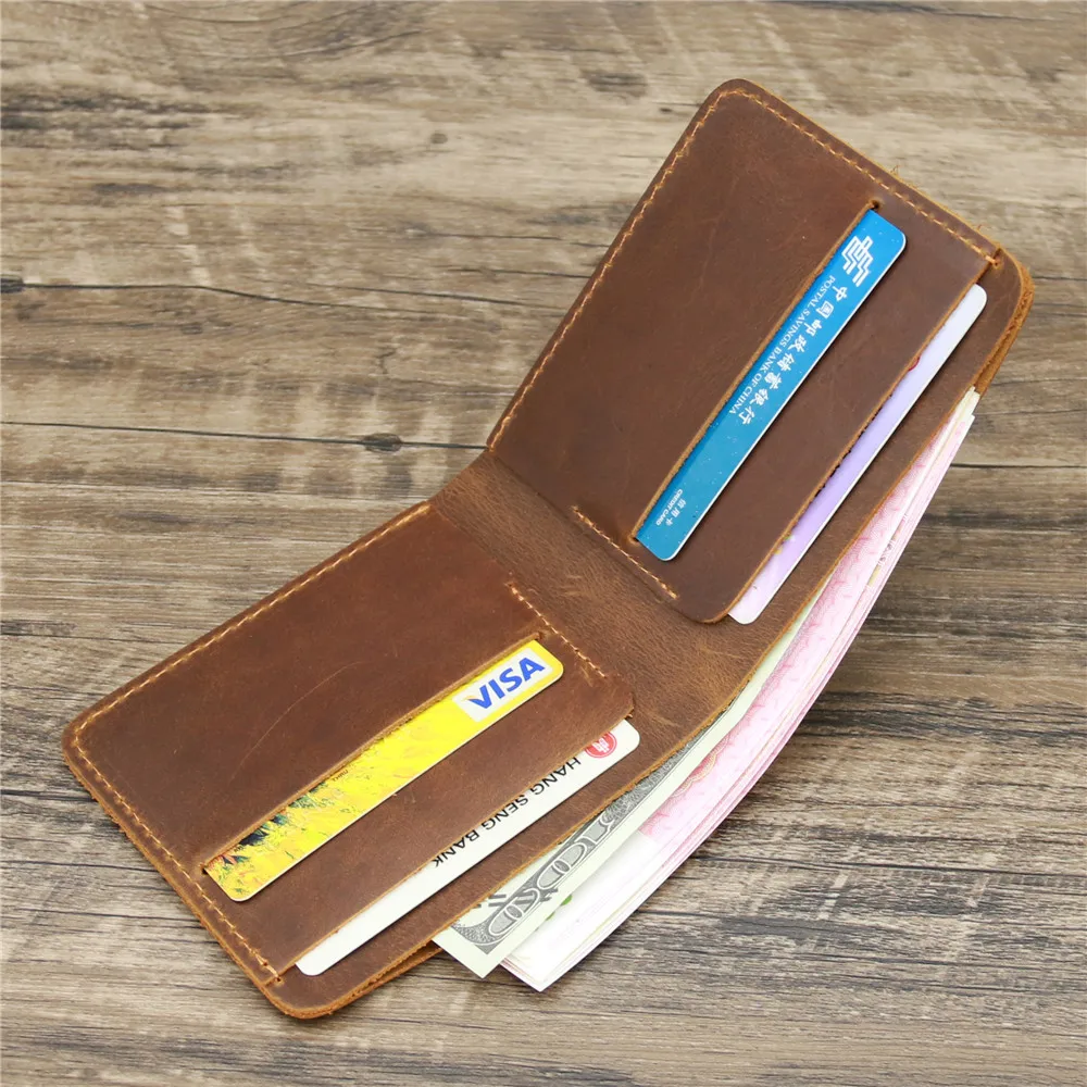 Minimalism Genuine Leather Crazy Horse Hand-made Men's Purse Vintage Card Holder Wallet Dollar Purses Money Clip 2