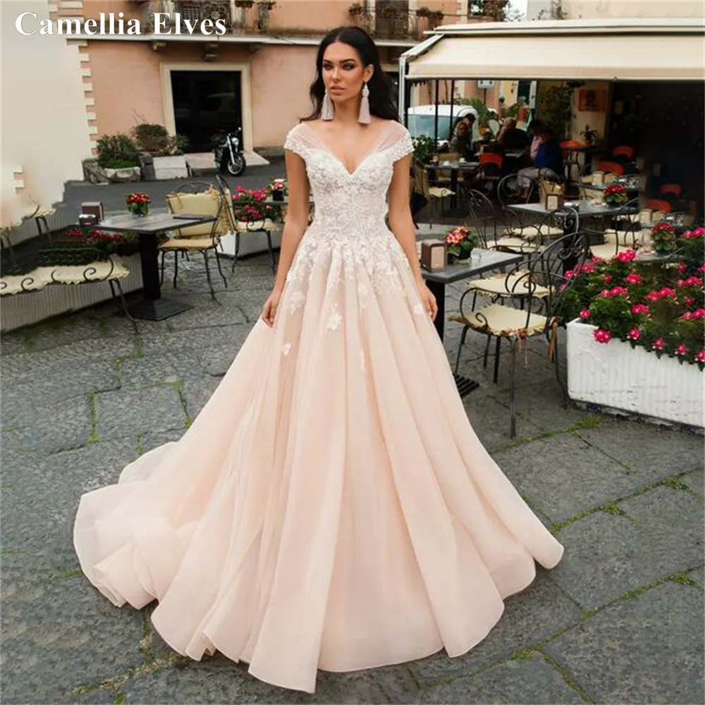 

Elegant Princess A Line Wedding Dresses For Women Cap Sleeves Backless Bride Robes Lace Appliques Bridal Gowns Vestidos De Novia