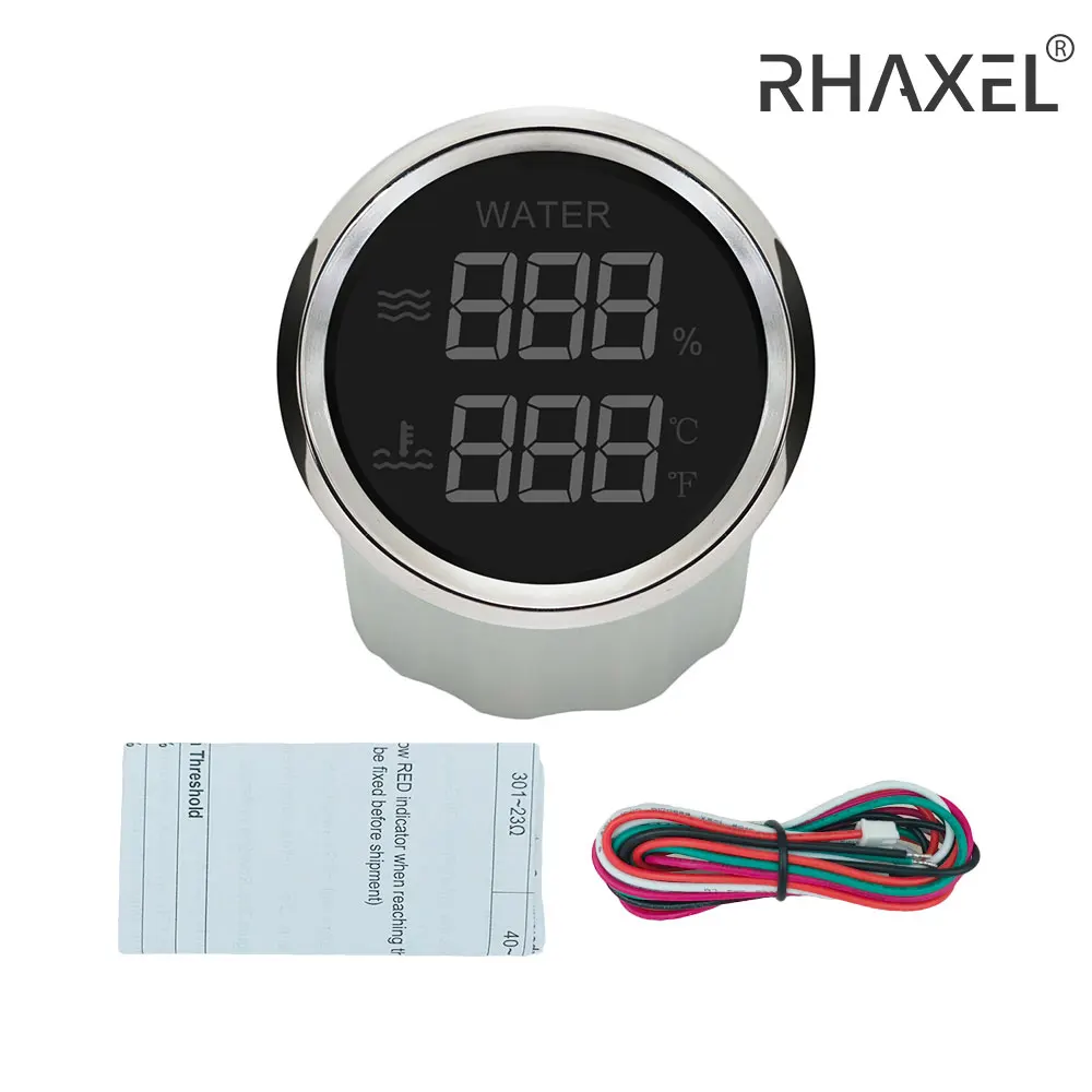 RHAXEL 디지털 연료 레벨 수위 수온, 2 in 1, 52mm 홀딩 탱크 레벨 게이지 전압계, 9-32V