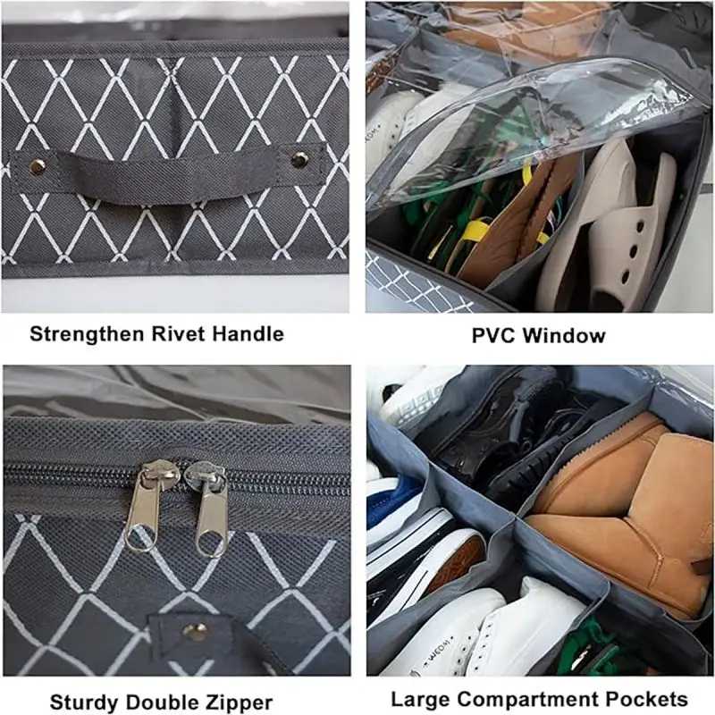 Under Bed Shoe Storage Organizer Adjustable Dividers, Reinforced Handle, Underbed Storage Solution with Clear Window, Breathable