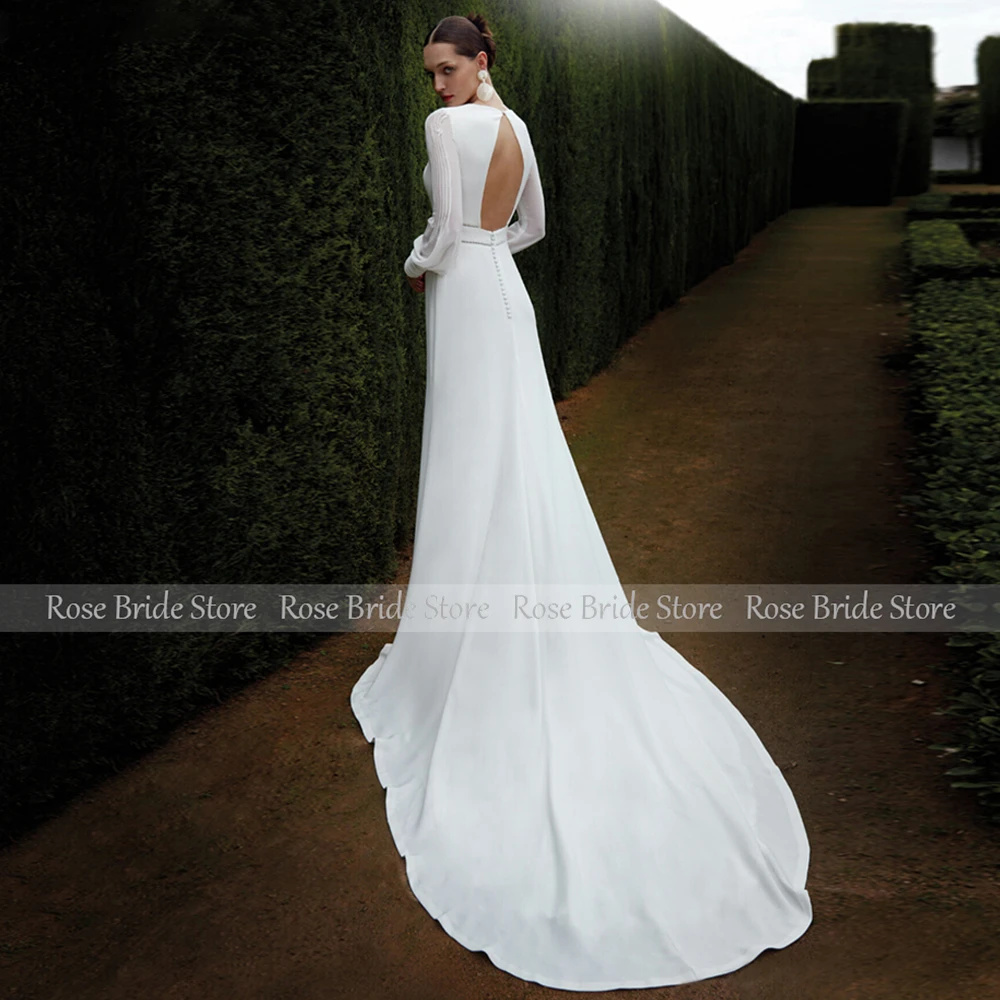 Mermaid Wedding Dress Long Puffy Sleeves O Neck Trumpet Wedding Gowns for Women 2023 Bride Backless Buttons Elegant Bridal Dress 4