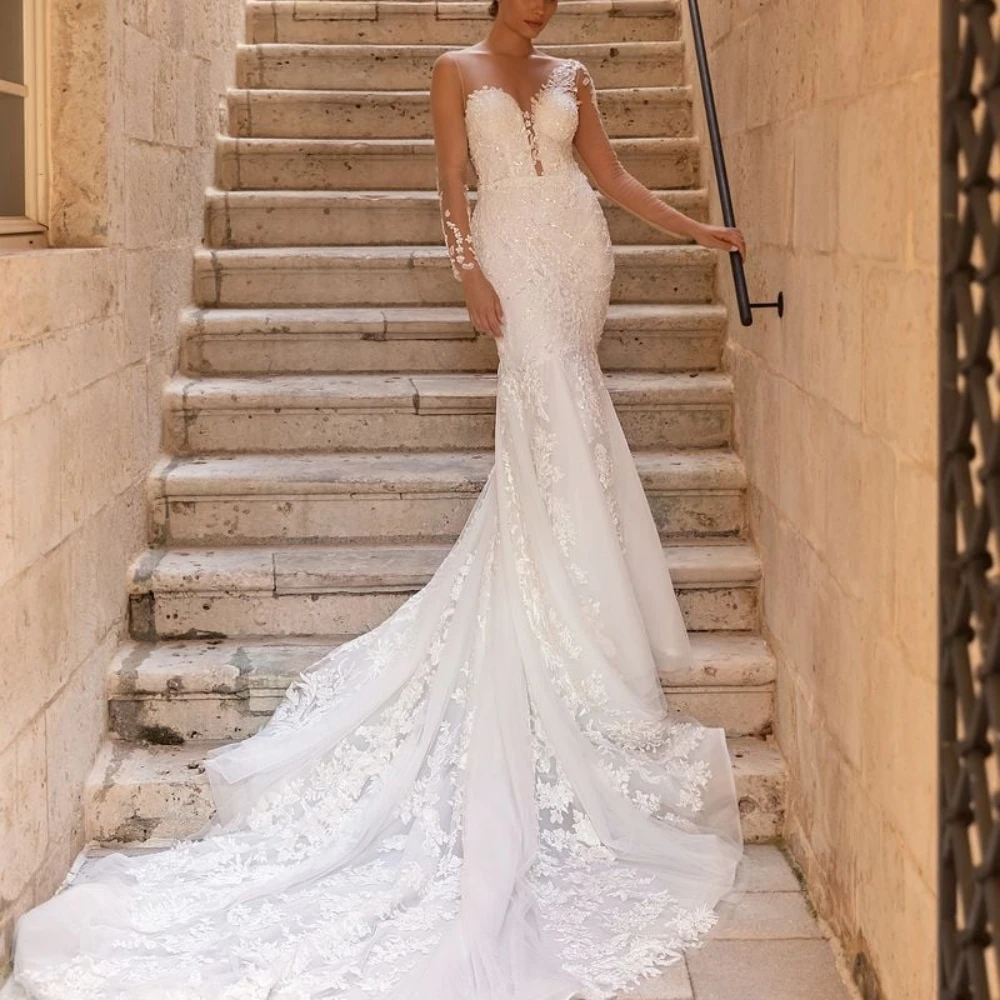 

Exquisite Tulle Wedding Dress Mermaid Lace Sweetheart Neck Bridal Gowns Full Sleeves Applique Dresses Vestido De Novia