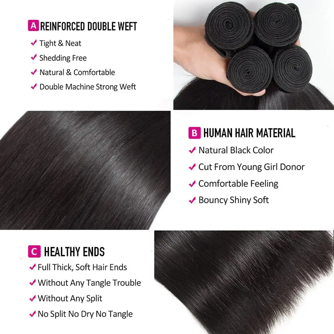 Extensioni di capelli umani lisci da 40 pollici, non trattati, vergini, in offerta da 1, 3 o 4 fasci per donna - immagine 3