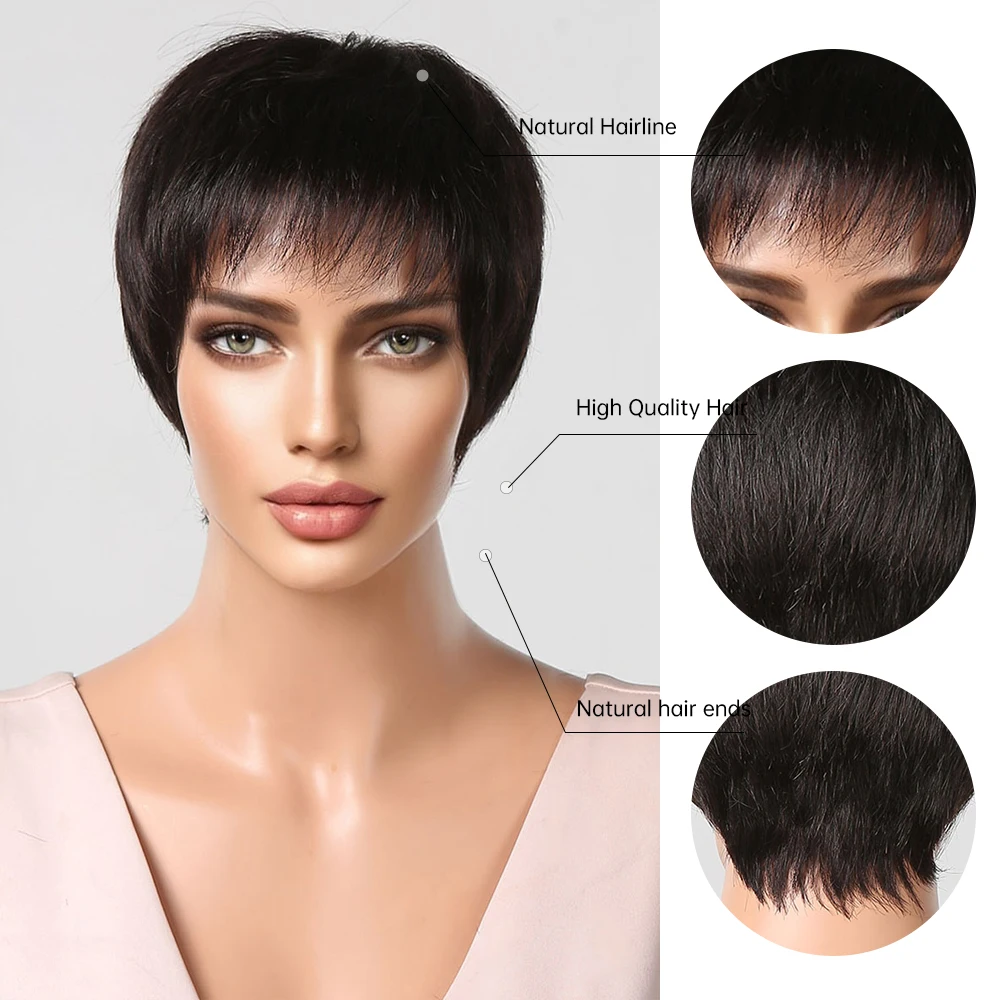HAIRCUBE Dark Brown Short Pixie Cut Human Hair Wigs with Bangs Natural Remy Hair Wigs for Women Machine-made Bob Human