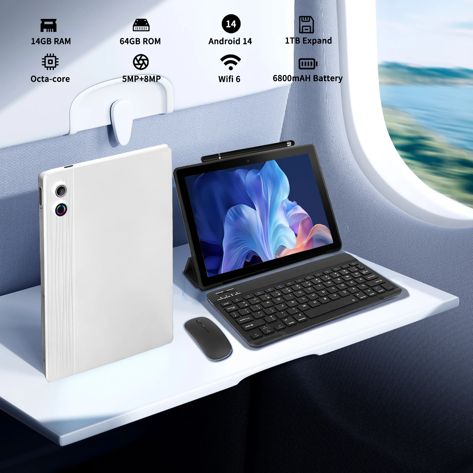 A7L 10.1-inch Android 14 Tablet 14GB RAM 64GB ROM Octa-Core Processor HD IPS WiFi Protective Case Pen Keyboard Mice Headphone 5