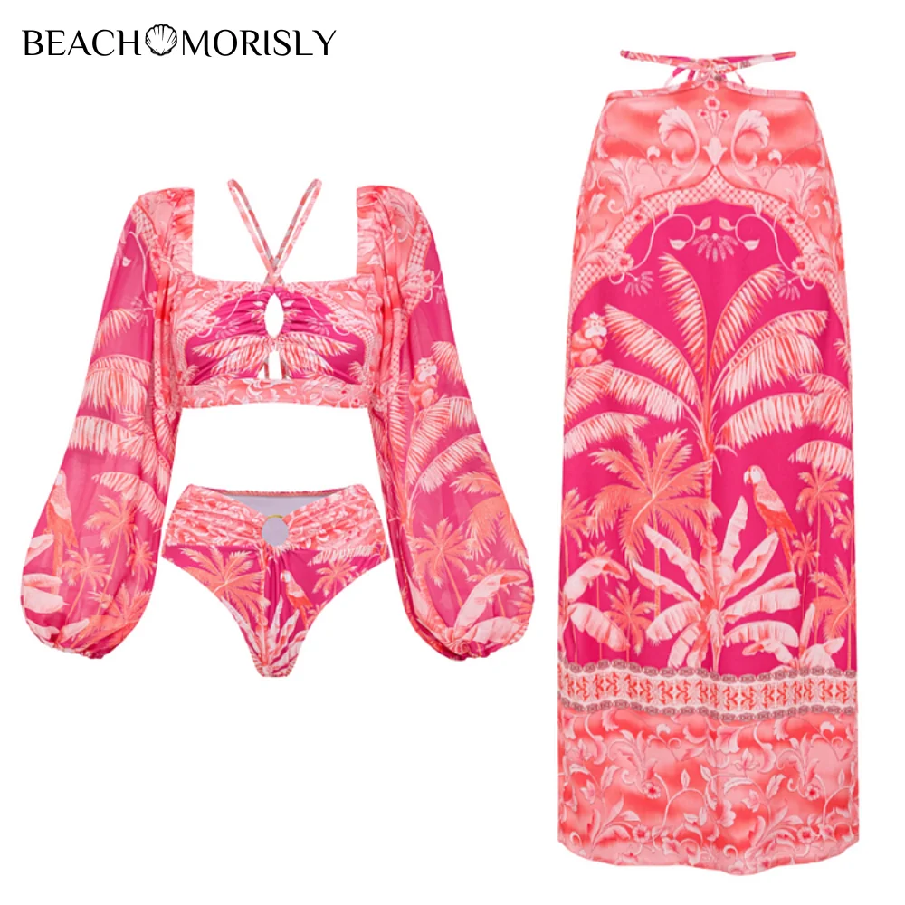 

2024 Sexy Long-sleeved Tropical Jungle Print Bikini Swimsuit and Sarong Summer Swimwear Women Beachwear Bathing Suit