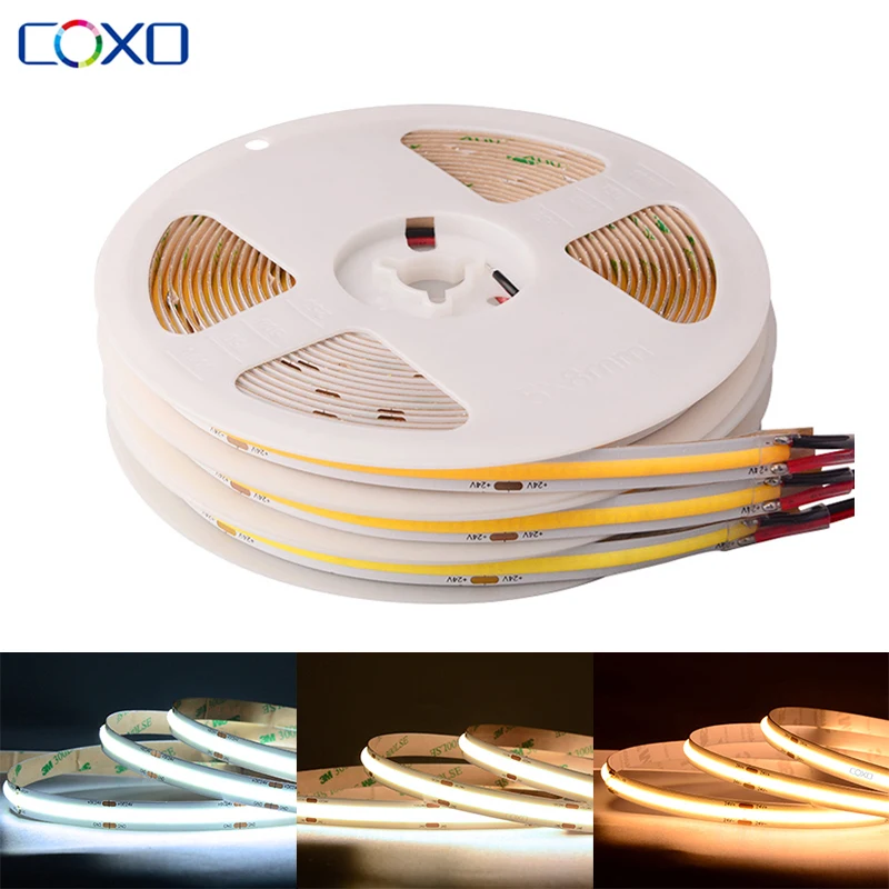 5m/lot COB LED Strip Light 480 LEDs/m 16.4ft High Density Flexible Tape Ribbon RA90 3000K-6500K Led Lights DC12V 24V fcob led light strip pixel addressable 630 720 leds rgb dream full color 12mm dc12v 24v ws2812b high density flexible cob lights