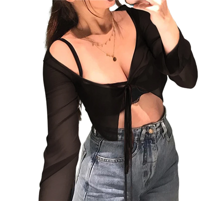 Top corto estético vintage de verano para mujer, camiseta de malla de manga larga con cordones, ropa de vendaje Y2K, camisetas casuales grunge