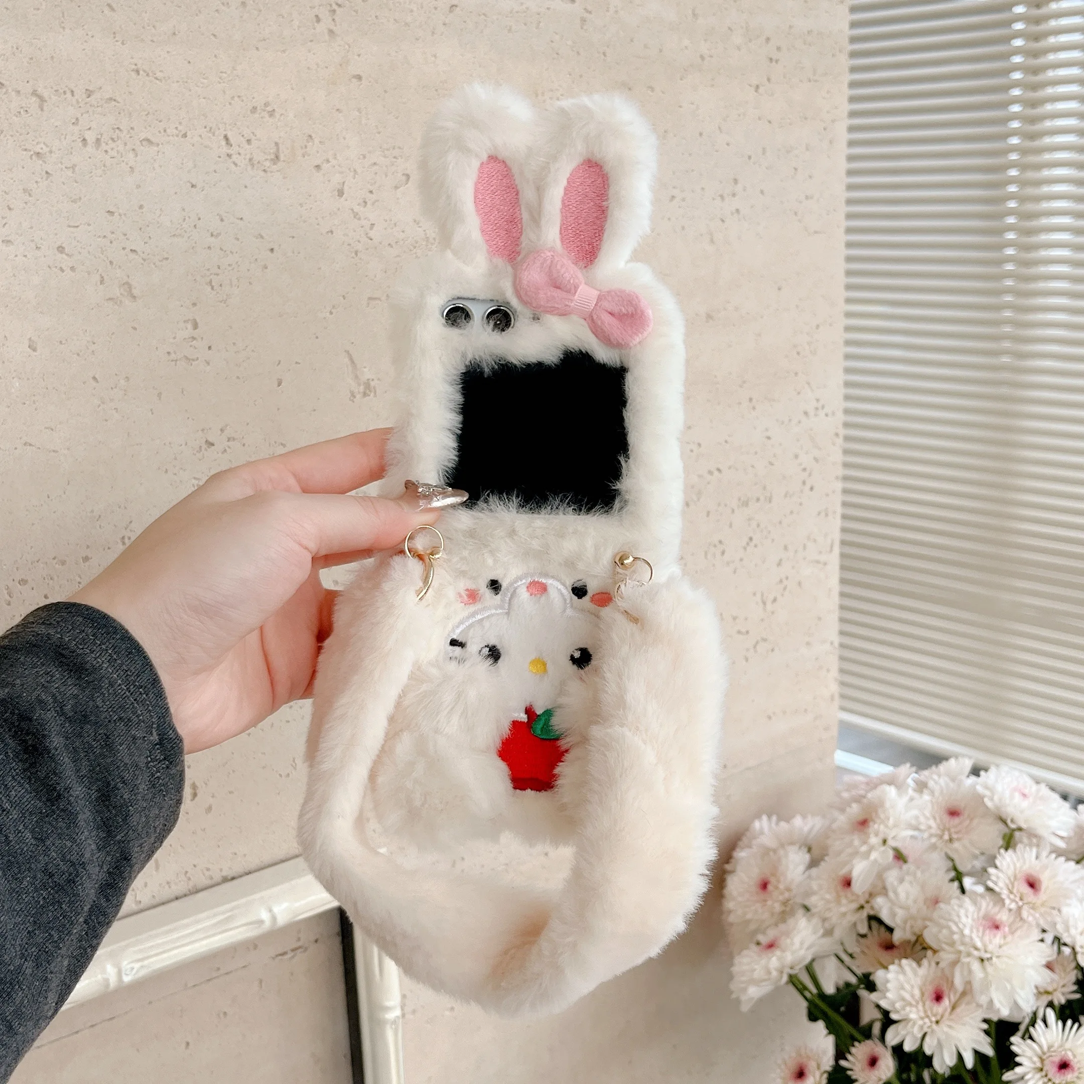 Charming White Rabbit Plush 3D Bow Phone Case with Wrist Strap and Anti-Drop Protection
