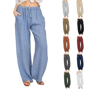 Women's Cotton Linen Pants Casual Loose Solid Elastic Waist Pocket Straight Trousers Ladies Oversize Wide Leg Pant Streetwear 1