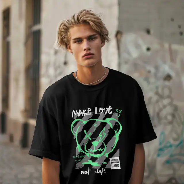 Camiseta Masculina Make Love Manga Curta em Algodão Leve e Ajustável do P ao G1