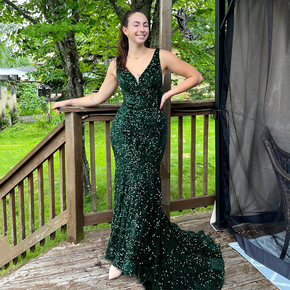 

UZN Sequin Prom Dresses Long Mermaid V Neck Bodycon Backless Sparkly Formal Evening Gown for Women